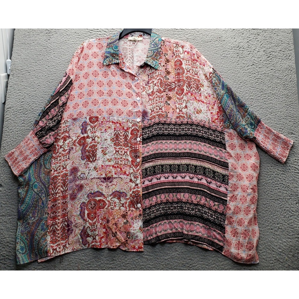 Oli & Hali Boho Shirt Top Women M Multi Geometric Long Sleeve Collared Button-Up
